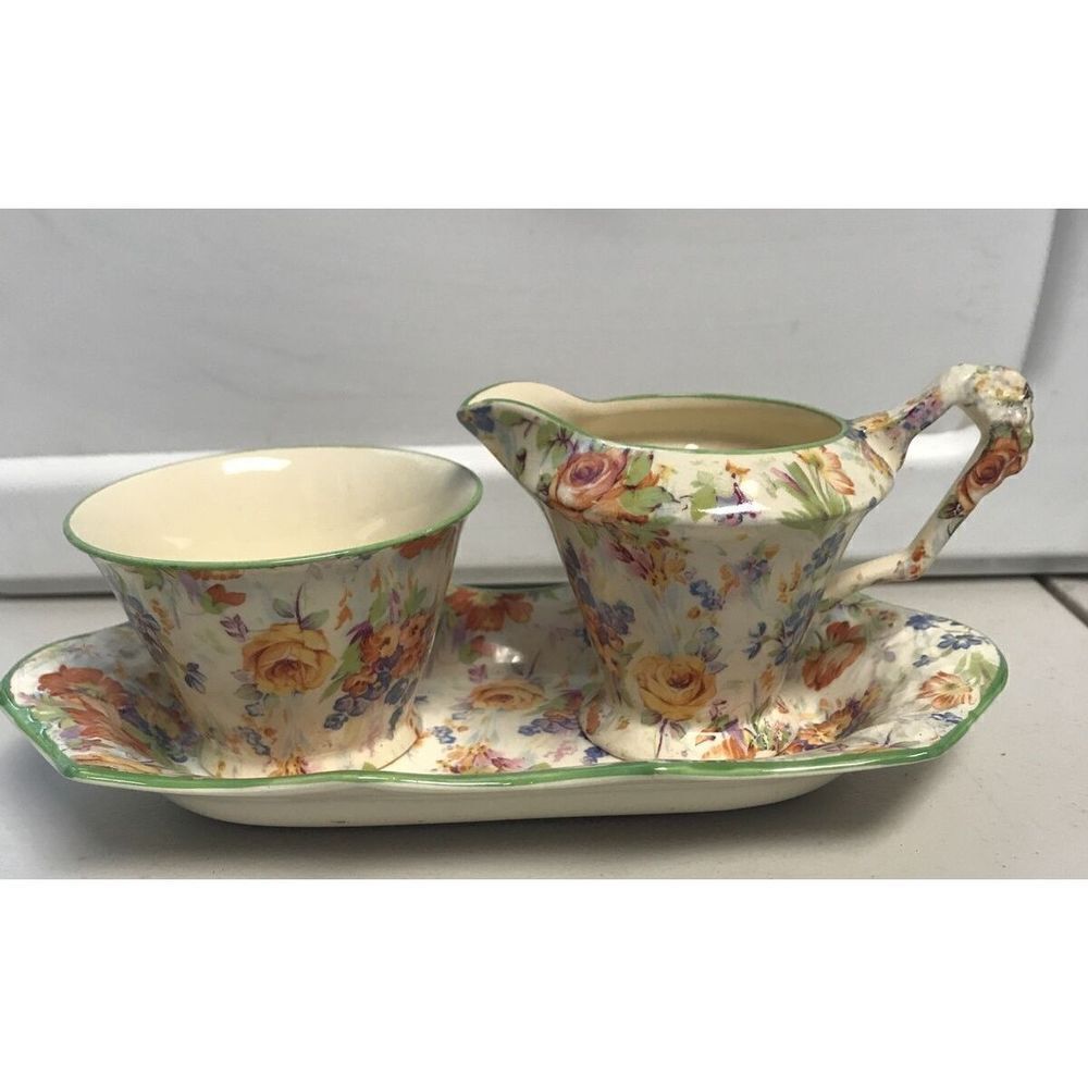 James Kent Chintz Dish Creamer & Sugar Bowl Set Of 3 England Floral
